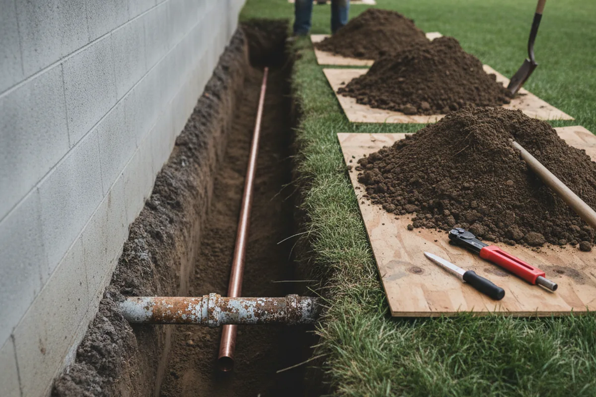 Excavated water line trench during Water Softener Installation in Pennsauken